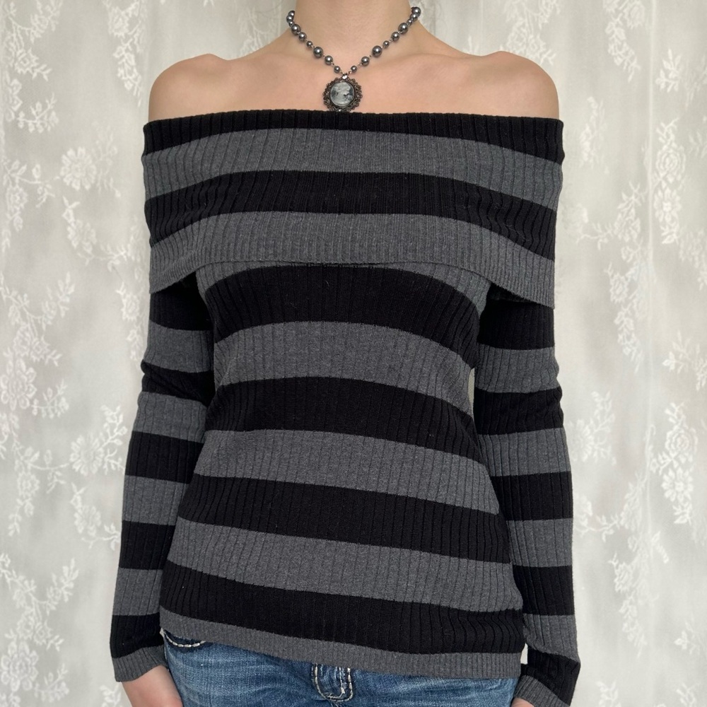Y2K Grunge Black & Grey Striped Off The Shoulder Sweater
